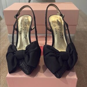 Kate Spade Black Bow Sheela Sling Heels (glitter)